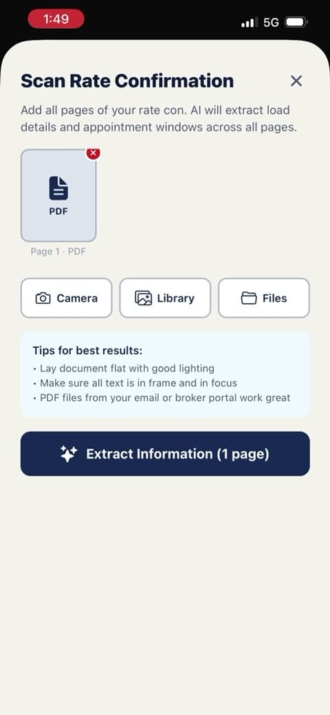 HaulClaim scanning a rate confirmation to extract load details